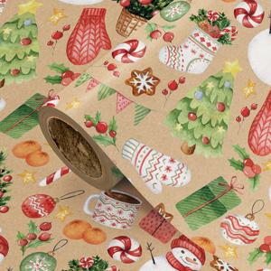 TEMU 1롤 크리스마스 크래프트 종이 | 물감 나무, 장갑 & 사탕 눈사람 디자인 - 휴일 파티, 선물 포장, 수제 공예 및 축제 장식용 - 43cm × 500m (17인치 × 16.4피트)
