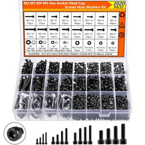 TEMU 2020개 메트릭 스크류 너트 볼트 와셔 어소트먼트 키트 - M2 M3 M4 M5 12, 합금강 블랙 육각 소켓 헤드 기계 나사 - DIY 및 산업용 헤비 듀티 패스너 세트