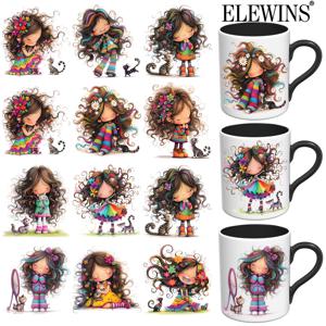 TEMU 12개 세트 고양이와 귀여운 소녀 DIY UV DTF 머그컵 랩 - DIY UV DTF 텀블러 랩, 에스테틱 머그컵 전사지, 방수 안전 머그컵 전사지, 오피스 머그컵 라벨, 전사지, 비닐 컵 전사지 (머그컵 미포함)