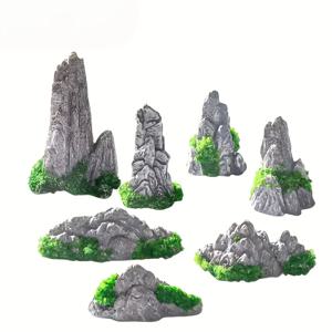 TEMU 7개 미니 인공 산 장식 세트, 정원 장식용 레진 분재 및 물병/어항 장식용 작은 조각품 포함, 전기 불필요