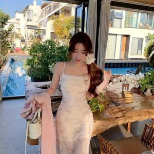 TEMU 슬릿 힙 스커트 플로럴 섹시 신상 여름 서스펜더 드레스 스커트 메쉬 슬림핏 슬림 여성 초기 핫 롱