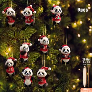 TEMU 크리스마스 모자를 쓴 춤추는 판다가 있는 2D 평면 9개 나무 장식 태그, 배터리 없이 사용 가능한 2D 나무 장식품, 문, 창문, 벽난로 및 가지에 적합한 홈 데코, 파티용 빈티지 나무 태그
