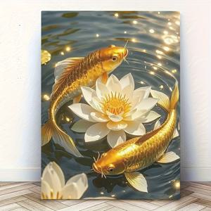 TEMU 2D 1개 나무 프레임 캔버스 인쇄 장식 그림 코이 잉어 & 연꽃 프레임 캔버스 아트 - 물받이에 우아한 황금 잉어, 30.0x40.01cm, 세로 나무 프레임, 거실, 침실, 복도 장식에 이상적, 완벽한 휴일 선물, 거실 장식|아르데코 스타일|프레임 캔버스 프린트, 코이 연못 장식, 2D 평면, 방 장식에 완벽