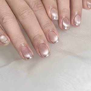 TEMU 핸드메이드 숏 아머 10개 세트 - 누드 핑크 , 실버 매직 미러 핑크 프렌치 트림, 클래식 스타일, 탈부착 가능