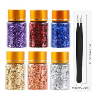 TEMU 6박스 골드 도금 시트, 레진 골드 포일 시트, 골드 리프 금속 포일 시트 포함 집게, 페인팅 아트 및 레진 공예, 네일 아트용 (골드, 실버, 로즈 골드, 레드, 블루, 퍼플)