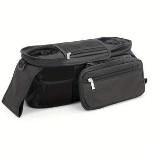 TEMU 검정색의 다기능 기저귀 가방입니다. 걸이형 수납 디자인, 보온 컵 홀더, 필수품을 위한 넉넉한 공간이 특징입니다. 휴대용 폴리에스터 섬유로 제작되었으며, 분리형 휴대폰 파우치와 숄더 스트랩이 포함되어 있습니다.