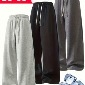 TEMU 3팩 남성용 루즈핏 와이드 레그 조거 팬츠 - 통기성 폴리에스터 드로스트링 허리 바지, 야외, 페스티벌 및 일상복에 적합 - 솔리드 컬러 캐주얼 운동복 포켓 포함, 사계절용 (남성용)