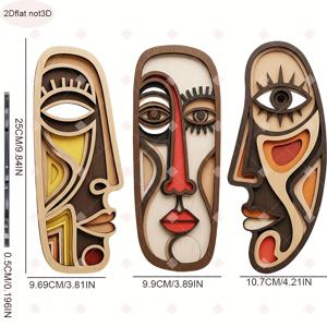 TEMU 2D 플랫, 3개 세트, 2D 기하학적 추상 얼굴 나무 벽 장식, 침실, 주방 및 야외 공간에 적합 – 사무실 선물 아이디어 – 발코니와 파티오-마당-욕실, 빌라, 크리스마스, 추수감사절에 적합. 홈, 카페, 요가 스튜디오의 나무 벽 장식 – 실내 거실 & 정원 테라스, 뒷마당 선물 - 2D 플랫, 2D 플랫