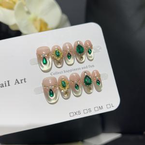 TEMU 10개 수제 프렌치 팁 손톱 - 짧은 코핀 오벌 프레스 네일, 할머니 그린 (녹색 &) 광택, 우아한 디자인, 짧은 손톱용 - 네일 패치