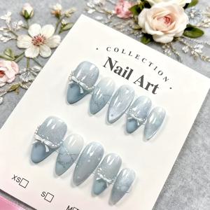 TEMU 10개 수제 가을 겨울 블루 캣아이 리본 숏 아몬드 프레스온 네일 세트, 휴일 여성 선물용