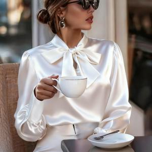 TEMU 여성용 우아한 단색 나비넥타이 랜턴 소매 셔츠 - 통기성 있는 반투명 소재, 사무실, 데일리웨어 & 휴가에 적합 - 봄/가을 블라우스, 기계 세탁 가능