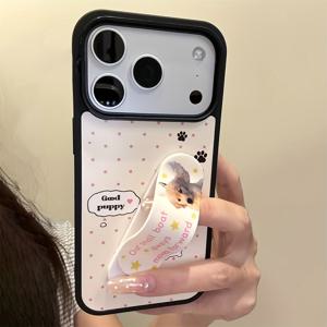 TEMU 휴대폰 케이스 - 아이폰 17 Pro Max, 16, 15, 14, 11, 12, 13 Pro Max용 스타일리시하고 귀여운 물방울 무늬 만화 강아지 휴대폰 케이스, 세련된 블랙 프레임으로 충격 방지 보호 기능 제공, 완벽