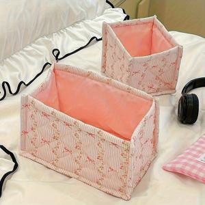 TEMU 핑크 꽃과 리본 디자인의 퀼팅 데스크탑 수납 바구니, 화장품 정리, 다기능 메이크업 가방, 소형 데스크탑 용품을 위한 대용량 수납 상자, 여성용 메이크업 브러쉬 보관, 선반 바구니에 적합