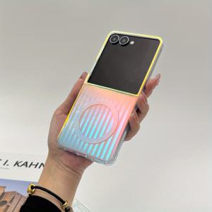 TEMU 삼성 갤럭시 Z플립 7 (2025) 호환 레이저 효과 폰 케이스, 강력한 자석 흡착력, 접이식 하드 + 소재, Z플립6 및 Z플립5 시리즈 호환, 낙하 방지 패션 캐리어 스타일