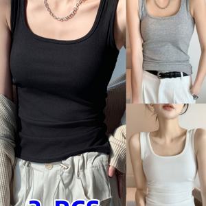 TEMU 3개 세트 패션 민소매 탱크 탑 (블랙, 화이트, 그레이) | 캐주얼 골지 스퀘어넥 탑, 봄/여름에 다용도로 활용 가능|민소매
