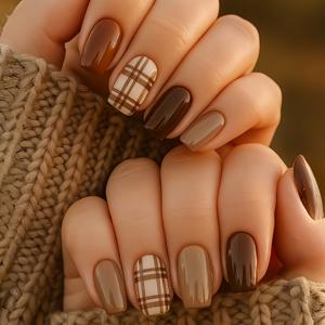 TEMU 24개입 솔리드 컬러 네일, 탈부착 가능한 디자인 인조네일, 가을/겨울 네일아트, 스퀘어 네일, 프레스온 네일