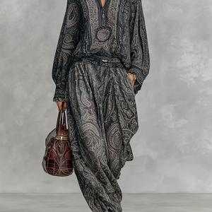 TEMU 여성용 우아한 빈티지 페일지 프린트 쉬폰 긴팔 탑, 스탠드 칼라, 캐주얼 데일리룩을 위한 루즈핏 와이드 레그 팬츠로 매치