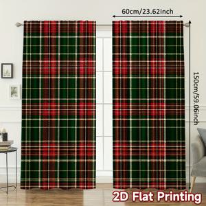 TEMU 2D 플랫 - 2D 플랫 - 2개 세트, 레드 & 그린 사각 체크 디자인의 모던 플랫 프린트 커튼. 내구성이 뛰어난 폴리에스터로 제작되었으며, 전기가 필요 없고 걸기 쉽기 때문에 침실의 홈 데코레이션에 적합합니다.