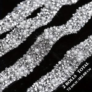 TEMU 2개/세트 울트라 롱 총 길이 72인치 화이트 모조 진주, 모조 라인스톤 장식 스트립 - 모조 스티커 페이퍼, 자체 접착 장식, 웨딩 장식, DIY 수공예, 재킷, 드레스, 모자, 가방에 적합 - 럭셔리 모조 스티커, 홈 및 의류용