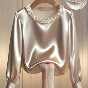 TEMU 여성용 봄/가을 패션 우아한 라운드넥 진주 장식 긴팔 티셔츠, 데이트/출근/저녁 행사 및 일상복으로 적합