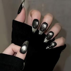 TEMU 24개입 클래식 블랙 글리터 고양이 눈 네일 세트, 아몬드 모양 인조 손톱, 솔리드 광택 끝, 풀 커버리지 매니큐어