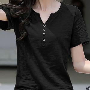 TEMU 여성용 반팔 티셔츠 브이넥 솔리드 4버튼 40대 엄마옷 V넥면티 빅사이즈 여름 면티 쿨티 데일리 캐주얼 상의 편안하고 포근함