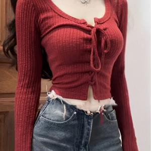 TEMU 여성용 드로스트링 레드 숏 타이트 하의 셔츠 2025 봄/가을 내부 디자인 니치 탑