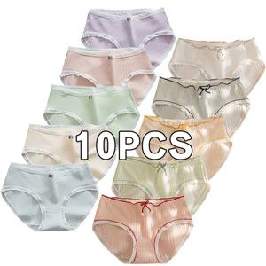 TEMU 여성팬티 10종 세트 리본 장식 골지 스판 데일리 면 팬티 레이스 편안 삼각팬티 배색 디자인 도매 단체주문 대량주문 대량구매 슬림소녀 SLIM GIRL