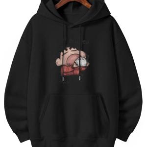 TEMU 남성용 헤비 크레온 그래픽 반팔 티셔츠 - 일본 및 만화 프린트가 있는 부드러운 풀오버, 검정색 스포츠 셔츠, 캐주얼한 겨울 후드 티셔츠, 일상의 편안함, 스트릿웨어 애호가를 위한 내구성 있는 디자인