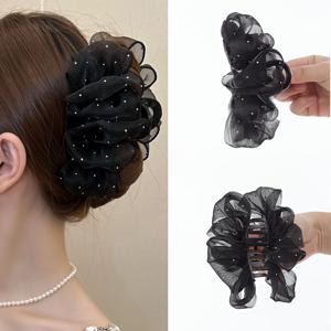 TEMU 1개 블랙 메쉬 러플 업두 헤어 클립, 두꺼운 머리용 고급 샤크 클립 헤어 액세서리, 머리뒤 스타일링, 데일리웨어, 사진 촬영, 할로윈, 파티 코스튬에 적합