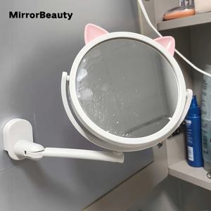 TEMU 1 고양이 귀 디자인 벽걸이 화장 거울 | 360° 조절 가능, 드릴 불필요, 욕실 및 화장대 공간 절약, 모든 계절에 적합