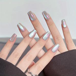 TEMU 핸드메이드 짧은 빛 착용 가능한 네일 스티커 오로라 캣 아이 착용 가능한 네일 스티커