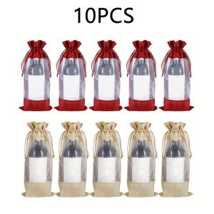 TEMU 10개 15cm/5.9인치 x 35cm/13.7인치 크기의 투명 창과 술 잠금 장치가 있는 삼베 와인 백 - 와인 선물 포장, 결혼식, 데이 또는 모든 축하 행사에 적합합니다.