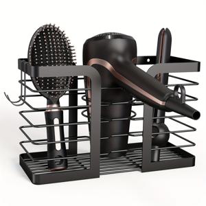 TEMU 벽걸이 헤어 드라이어 정리함: 2개의 블랙 후크가 있는 스타일링 도구 거치대, 플랫 아이언, 컬링 아이언, 스트레이트너 및 전기 면도기에 적합 - 욕실, 파우더 룸 또는 캐비닛 아래 보관에 완벽
