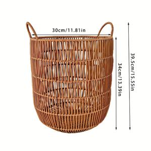 TEMU 고품질 모조 라탄 세탁 바구니 - 대용량 둥근 스타일, 튼튼한 손잡이, 러스틱 팜하우스 스타일 내구성 있는 플라스틱 옷 & 장난감 정리함, 욕실/침실/주방용, 질감 디자인, 고급 모조 소재|빨래바구니|수납정리함