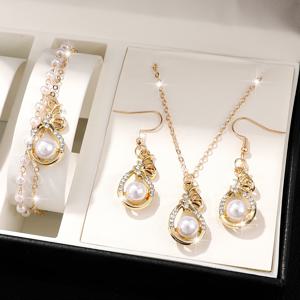 TEMU 세련된 모조 진주 목걸이와 귀걸이 4종 세트, 여성 생일, 크리스마스, 새해 축하를 위한 시크한 팔찌 선물