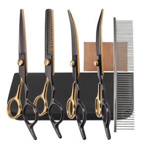 TEMU 블랙 골드 전문 강아지 미용 가위 - 스테인리스 스틸 곡선형 트리밍 및 커팅 가위, 정밀한 트리밍 및 모양 만들기, 강아지 및 고양이에게 적합, 고급 펫 트리밍 가위 세트, 스테인리스 스틸 가위, 펫 미용 가위