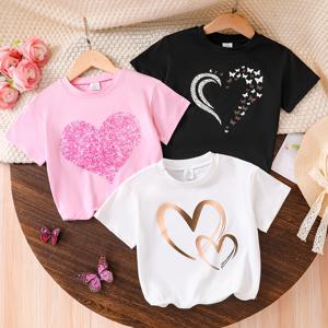 TEMU 여아용 심플한 여름 티셔츠 3pcs, 하트 프린트 얇은 여름 상의, 귀여운 라운드넥 플러터 소매 탑, 젊고 활기찬 아동복, 다용도 풀오버 탑, 핑크 + 화이트 + 블랙, 4-5-6-7-8세, 야외, 캐주얼, 스포츠, 휴가, 선물용