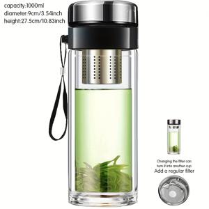 TEMU 1개 이중 유리컵, 차 우려내기, 차 필터링, 보온, 누수 방지, 밀폐 물컵, 대용량, 내열성, 투명, 짧고 두꺼운 컵, 우유, 커피, 맥주컵, 야외용, 휴대용