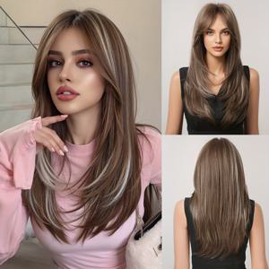 TEMU 여성용 인조 가발, 브라운 레이어와 앞머리, 화이트 하이라이트가 특징이며 길이는 24인치입니다. 데일리룩으로 적합합니다.