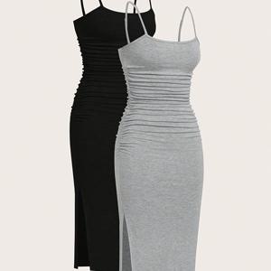 TEMU 여성의 우아한 두 조각 드레스 세트 - 핏팅, 소매 없는, 하이 슬릿 미니 드레스, 라우치 디테일, 라이트 그레이 및 브라운 옵션, 봄과 가을에 완벽한 스타일, 성인용 옷 | 라우치 디테일 드레스 | 원단, 드레스|나시원피스|민소매원피스