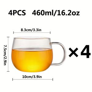 TEMU 손잡이 달린 원형 유리컵 4개 세트. 내열성 붕규산 유리 재질. 물, 우유, 차가운 커피, 주스, 밀크티, 허브티, 파티 음료에 적합하며 가스레인지, 전자레인지, 인덕션 조리기에 사용 가능.