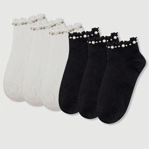 TEMU 6켤레 검정/흰색 여성용 핸드메이드 진주 레이스 숏 삭스, 스타일리시하고 귀여움, 일본/한국 패션 트렌드