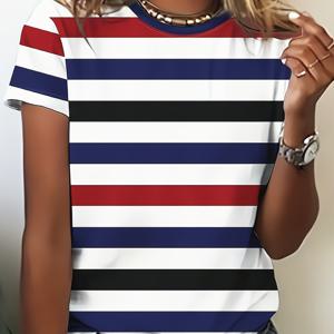 TEMU 봄/여름 프린트 캐주얼 반팔 티셔츠 - 라운드넥 탑, 부드러운 폴리에스터와 스판덱스 혼방, 세탁기 사용 가능