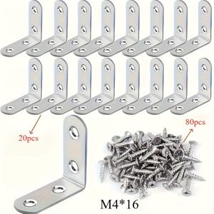 TEMU 60개 또는 100개 스테인리스 L-브래킷 세트 (12개 또는 20개 브래킷, 48개 또는 80개 나사 포함). 크기: 1.57 x 1.57인치. 이 L-브래킷 고정 장치는 나무 선반, 의자, 테이블, 서랍장 및 기타 가구와 함께 사용하기에 적합합니다.