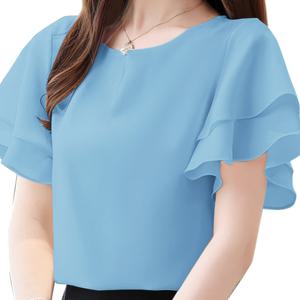 TEMU 여성용 우아한 패션 경량 여름 셔츠 - 더블 레이어 러플 소매 라운드 넥 루즈핏 캐주얼 오피스 & 출퇴근 탑, 연청색, 세탁기 사용 가능, 매끄러운 원단의 귀여운 블라우스