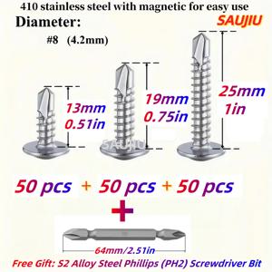 TEMU 150개 410 스테인리스 스틸 #8 셀프 태핑 TEK 나사 키트, 풀 스레드, 트러스 헤드, 필립스 슬롯, 등급 8.8, 금속, 가구, MEP, 수리, DIY 프로젝트용, 3가지 길이 조합 (1/2인치, 3/4인치, 1인치), 무료 필립스 드라이버 비트 포함|DIY