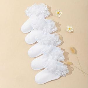 TEMU 여아용 단색 패셔너블 레이스 양말 5켤레, 통기성 좋은 메쉬 소재로 편안하고 다용도로 사용 가능한 숏 삭스, 공주 춤에 적합