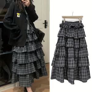 TEMU 여성용 빈티지 체크 프린트 멀티 레이어 케이크 스커트, 하이웨이스트 슬림핏 A라인 패치워크 스트레치 허리 블랙 체크 미디 스커트