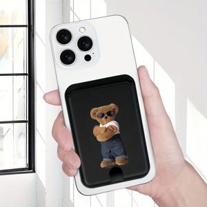 TEMU 스타일리시 블랙 자석 카드 홀더, 아이폰 16 15 14 프로 맥스 플러스 미미 시리즈용 곰 디자인 - 1-2 카드를 보관, 내구성 있는 PC 소재, 일상 사용에 완벽, 일상 휴대폰 액세서리 | 재미있는 디자인 | 내구성 있는 휴대폰 케이스
